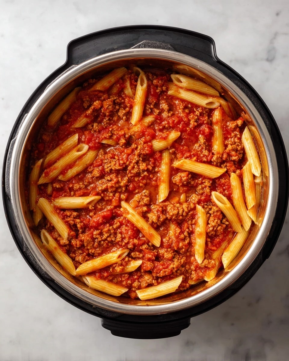 A round silver pot with a black outer rim is filled with cooked pasta and meat sauce. The dish has two main layers: at the bottom is a thick red tomato sauce mixed with small chunks of browned ground meat, creating a textured base. On top and mixed slightly into the sauce are light beige penne pasta pieces, some lying flat and others standing slightly upright, scattered unevenly across the surface. The pot sits on a white marbled surface, creating a clean and bright background. photo taken with an iphone --ar 4:5 --v 7