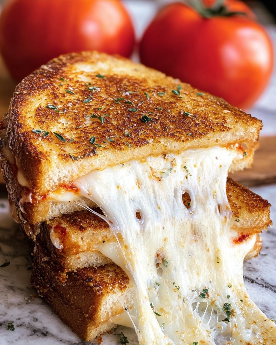 The image shows a grilled cheese sandwich with three layers: the top and bottom layers are golden brown toasted bread with small green herb specks, the middle layer is melted white cheese that stretches in long, thin strands as the sandwich is pulled apart, and a thin layer of red tomato sauce just below the top bread. The sandwich is stacked on a white marbled surface with two ripe red tomatoes blurred in the background. photo taken with an iphone --ar 4:5 --v 7