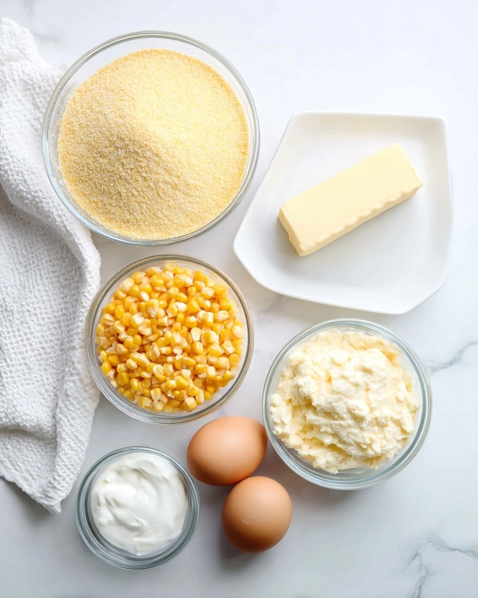 The image shows six ingredients arranged on a white marbled surface: a large clear glass bowl filled with pale yellow cornmeal in the top left, a small white rectangular plate holding a solid stick of butter on the top right, a medium clear glass bowl with bright yellow corn kernels below the cornmeal, another medium clear glass bowl filled with a creamy corn mixture to the right of the kernels, a small clear glass bowl with white sour cream below the kernels, and two brown eggs placed side by side below the creamy mixture. On the far left, there is a white cloth with a subtle textured pattern. photo taken with an iphone --ar 4:5 --v 7