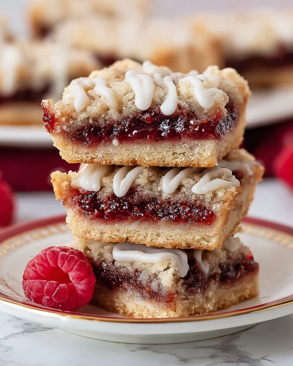 This image shows three stacked jam bars on a white plate with a thin gold and red rim, placed on a white marbled surface. Each bar has three distinct layers: the bottom layer is a thick, golden crumbly crust with a slightly rough texture; the middle layer is a thick, dark red jam with a glossy and smooth spread consistency; the top layer is a crumbly, beige streusel that looks lightly baked and is drizzled with white icing that runs unevenly down the sides. There is a fresh red raspberry next to the plate on the white marbled surface, and the background is softly blurred, showing more jam bars and hints of red shapes. The photo taken with an iphone --ar 4:5 --v 7
