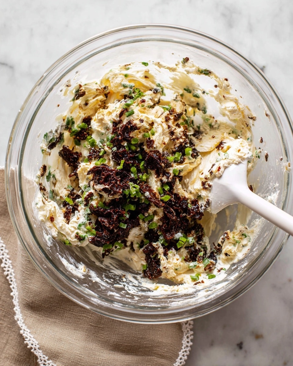 A clear glass bowl holds a mixture with three main layers and textures. The bottom layer is white and creamy, likely soft cheese or a similar base. On top of that, there are dark brown chunks with a slightly charred texture and some bright green small pieces which look like chopped herbs and green onions spread unevenly over the creamy base. The overall texture looks creamy but chunky in parts where the dark brown bits and herbs clump together. A white spatula with a bit of the mix on it rests inside the bowl on the right side. The bowl sits on a white marbled surface, accompanied by a beige cloth with lace edges near the bowl. photo taken with an iphone --ar 4:5 --v 7