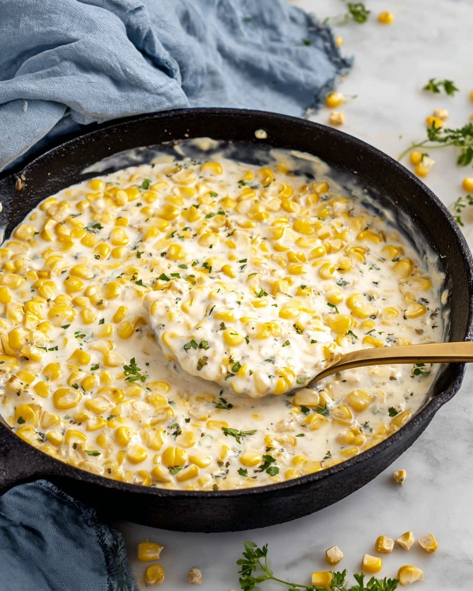 A black cast iron pan is filled with creamy corn, showing a thick white sauce mixed with bright yellow corn kernels, with small green herb bits sprinkled lightly on top. A silver spoon with a gold handle scoops some creamy corn from the right side of the pan, revealing the smooth texture of the sauce. The pan sits on a white marbled surface, with some scattered corn kernels and green herb leaves around. In the background, there is a soft, crumpled light blue cloth adding a cozy feel to the scene. photo taken with an iphone --ar 4:5 --v 7