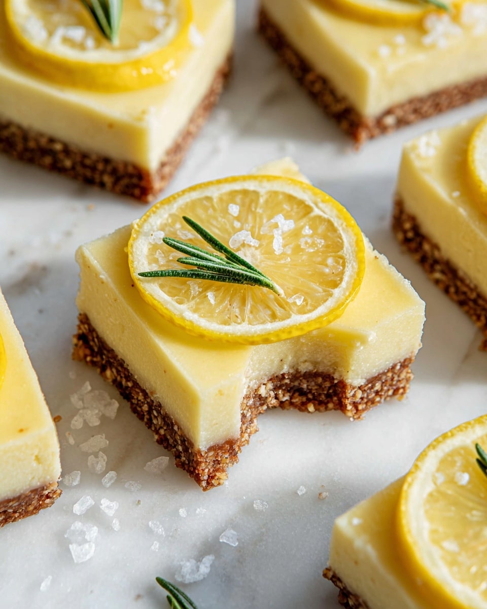 The image shows several square lemon dessert bars arranged on a white plate and a wooden board placed on a white marbled surface. Each bar has three layers: a bottom brown nutty crust, a thick middle pale yellow creamy layer, and on top, a thin, translucent slice of lemon with a small green rosemary sprig placed in the center. A light sprinkling of white shredded coconut or similar topping is scattered on each lemon slice and around the plate. The scene is brightly lit, highlighting the fresh colors and textures of the dessert. photo taken with an iphone --ar 4:5 --v 7