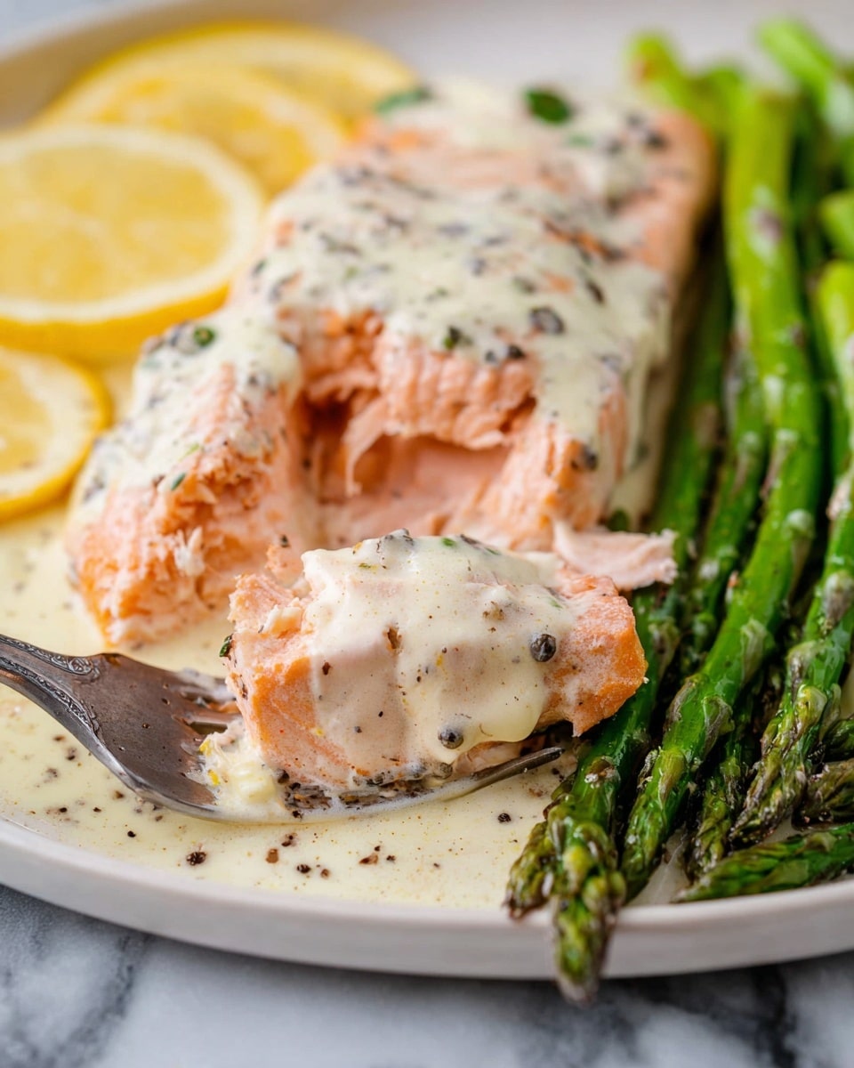 The image shows a close-up of a white plate with two pieces of cooked salmon fillets. The salmon has a light pink color with a soft, flaky texture, and it's topped with a creamy white sauce that has small green and black specks. Under the salmon, there are thin lemon slices visible. On the right side of the plate, there are several bright green asparagus stalks with a slight seasoning of black pepper. A fork is holding a small piece of salmon in the front, and the plate is placed on a white marbled surface. photo taken with an iphone --ar 4:5 --v 7