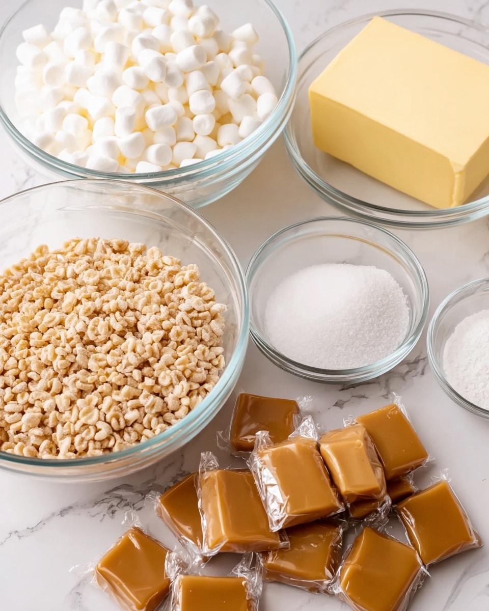 The image shows a collection of ingredients neatly arranged on a white marbled surface. There are four clear glass bowls, the largest filled with small white mini marshmallows, the second-largest holding light brown crispy rice cereal, the third with a rectangular block of yellow butter, and the fourth containing a small amount of white powder, likely salt or sugar. In front of the bowls is a scattered group of individually wrapped caramel squares in a rich caramel brown color with shiny wrappers. The scene is well-lit, simple, and clean with a focus on the colors and textures of each ingredient. Photo taken with an iphone --ar 4:5 --v 7