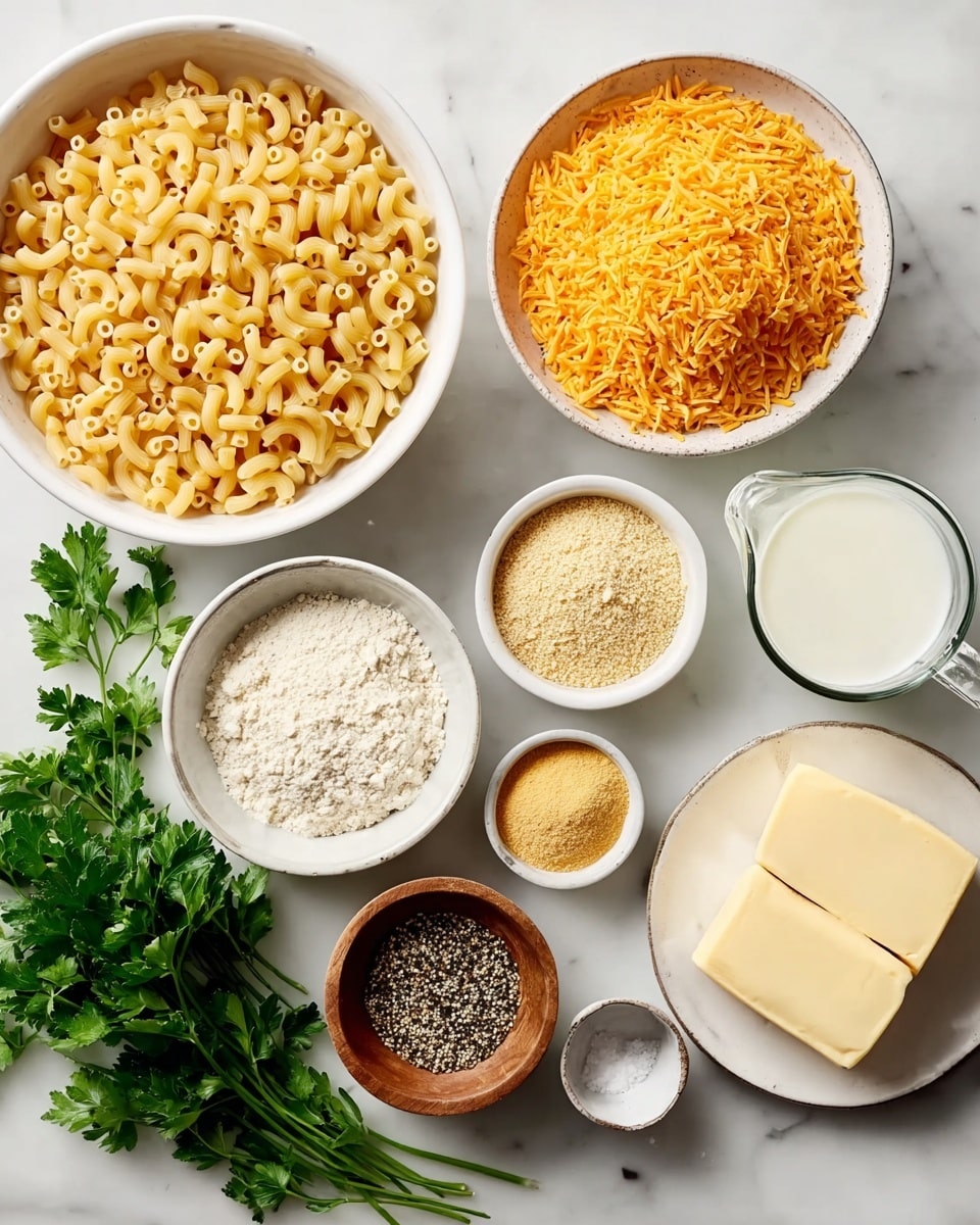 The image shows several white bowls and a glass measuring cup arranged on a white marbled surface. One large white bowl holds pale yellow uncooked elbow macaroni pasta. Another large white bowl contains a mound of shredded bright orange cheese. Three small white bowls contain different powders or spices in light yellow, beige, and off-white colors. A small white bowl has a white flour-like powder, while another small white bowl holds light beige breadcrumbs. A small white plate has three pale yellow sticks of butter. A wooden bowl is filled with a coarse black and white pepper mix, and a small white bowl beside it contains white salt crystals. Fresh green parsley leaves are grouped on the left side. All items are neatly placed, ready to use for cooking. photo taken with an iphone --ar 4:5 --v 7