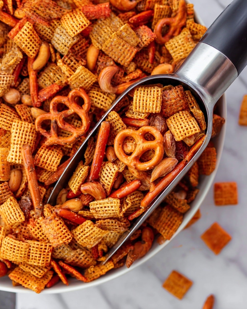 A close-up image of a large white bowl filled with a snack mix, showing several layers of different textured pieces. The main part of the mix consists of small, square, orange-brown cereal pieces with a waffle-like pattern scattered all over, some are darker with toasted spots. Mixed in are thin, orange pretzels, round salted nuts, and small pieces shaped like twisted sticks, all blending with the cereal. A metal scoop is resting in the bowl filled with these same snack ingredients, positioned diagonally from the top right corner to the lower left side, lifting up some of the mix. The background and surface are a white marbled texture. Photo taken with an iphone --ar 4:5 --v 7