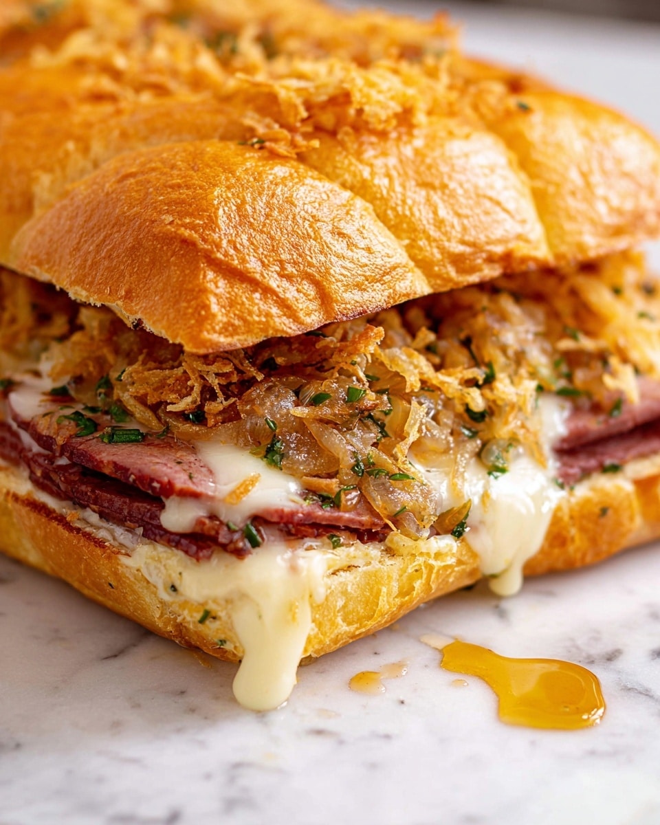 The image shows a close-up of a sandwich with three main layers inside a golden brown bun topped with crispy fried onion flakes. The bottom layer is slices of dark reddish-brown meat. Above the meat is a creamy white melted cheese layer, slightly dripping out. The top layer inside the bun consists of cooked caramelized onions mixed with green herb leaves, creating a rich texture. The sandwich bun itself is soft with a textured surface, and the sandwich rests on a white marbled surface with a small drop of golden liquid nearby. Photo taken with an iphone --ar 4:5 --v 7