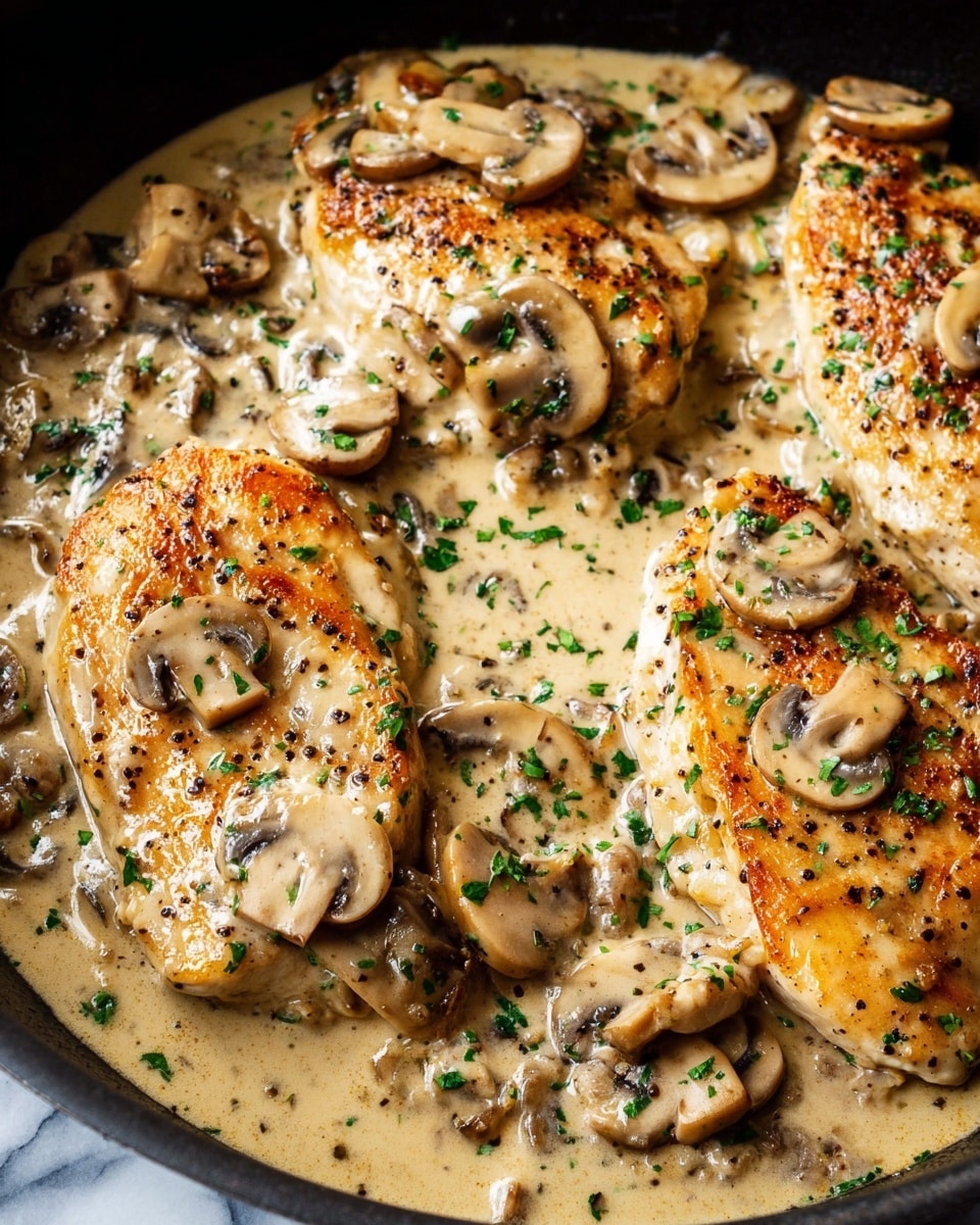 The dish shows four golden brown cooked chicken pieces layered with thick cream sauce and sliced mushrooms on top and around them. The creamy sauce is light beige with a smooth texture, mixed with dark pepper specks and green chopped herbs sprinkled evenly across the chicken and mushrooms. The chicken looks tender with slight browning on the surface, and the mushrooms are a mix of whole and sliced pieces in a soft brown color. All is seen inside a black pan with the creamy sauce pooling a bit around the edges. The background features a white marbled texture. photo taken with an iphone --ar 4:5 --v 7