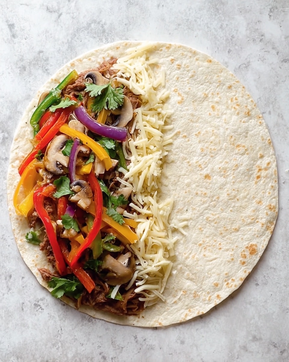 A white tortilla is open flat with the left half topped with layers of cooked refried beans spread evenly, followed by a layer of shredded cheese, thin cooked mushroom slices, red and yellow bell pepper strips, cooked red onion, and fresh green cilantro leaves scattered on top. The right half of the tortilla is plain and flat, all placed on a white marbled surface. photo taken with an iphone --ar 4:5 --v 7