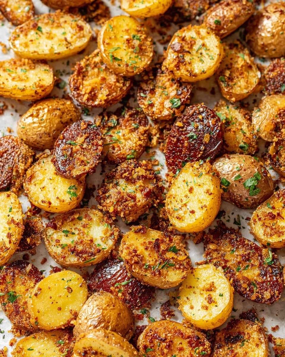 This image shows many small potato halves on a white marbled textured surface, all cooked until crisp and golden brown with a crunchy coating. Each potato half is covered in a mix of crispy brown bits and green herb flecks, likely parsley, scattered evenly across the potatoes. The potatoes have a textured look, with some parts showing a darker, more roasted browning, and others a lighter yellow inside with soft skin edges. The pieces are spread out in a close arrangement, giving a sense of abundance and a crunchy, savory snack or side dish. photo taken with an iphone --ar 4:5 --v 7