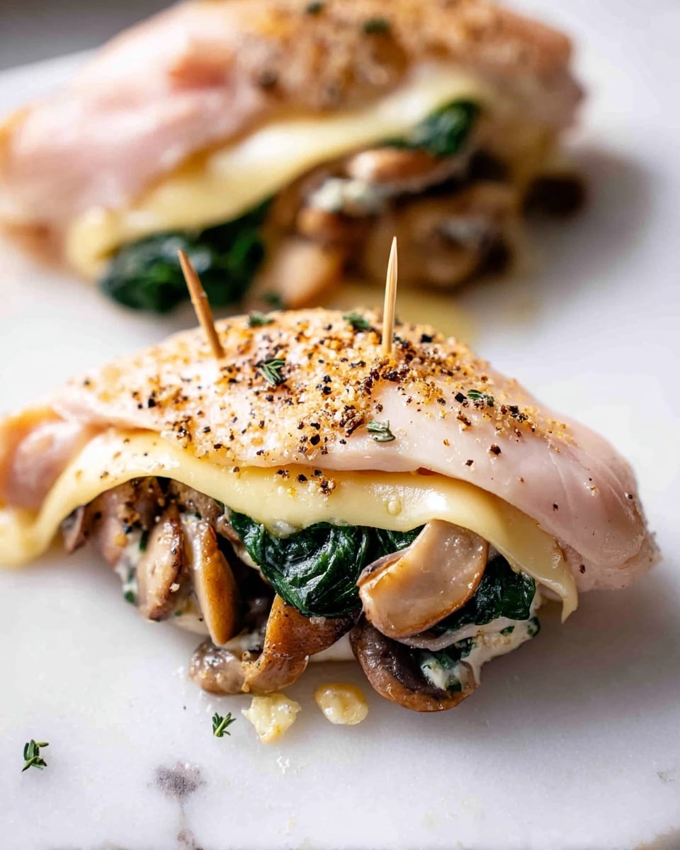 The image shows two raw chicken pieces stuffed with layers inside. Each piece has a smooth, light pink layer of chicken on the outside, sprinkled with black pepper and small herbs. Inside, there is a layer of white cheese sitting on top of cooked brown mushrooms and green spinach leaves. The chicken pieces are folded over to enclose the filling, held together with toothpicks. They rest on a white marbled surface with some small bits of herbs and spices scattered around. Photo taken with an iphone --ar 4:5 --v 7