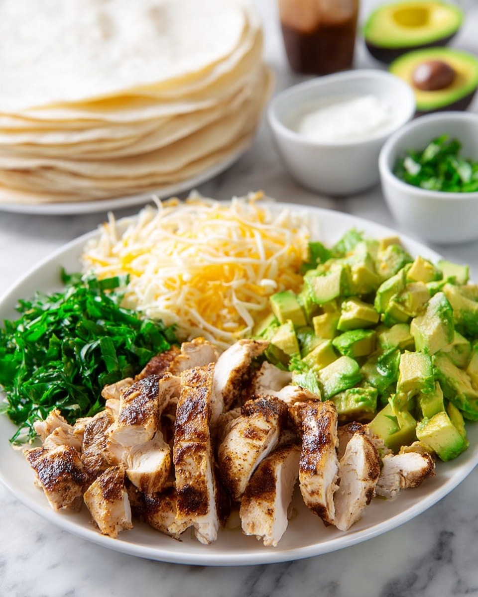 A white plate holds a colorful arrangement of food in four main groups: in front, several flavorful grilled chicken slices with a light brown, slightly charred surface and some hints of green herbs; to the right, bright green avocado chunks with a soft texture; behind those, shredded white cheese piled loosely adding a soft, fluffy look; to the left, finely chopped green herbs adding a fresh touch. The plate is placed on a white marbled surface with some small bowls in the background holding sour cream, salsa, and more avocado pieces. photo taken with an iphone --ar 4:5 --v 7