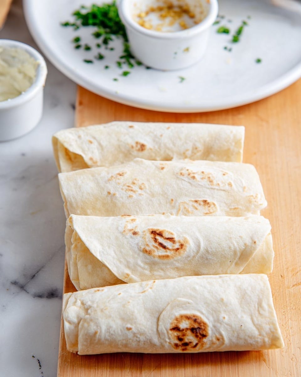 The image shows four folded tortillas placed side by side on a light wood surface. Each tortilla is light beige with light brown toasted spots, having a soft and slightly textured look. Above the tortillas, there is a large white round plate with some dropped bits of green herbs and food crumbs scattered around. On the plate, there are two small round white bowls: one is empty with traces of sauce and crumbs inside, and the other contains a light brown sauce with visible sesame seeds. The background surface is a white marbled texture. Photo taken with an iphone --ar 4:5 --v 7