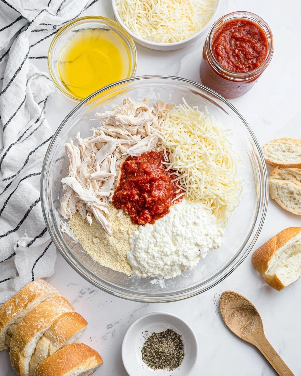 A clear glass bowl sits on a white marbled surface with shredded white chicken on the left, shredded mozzarella cheese at the top, creamy white ricotta cheese on the right, and shredded parmesan cheese with a small pile of brown seasoning at the bottom; a dollop of thick red tomato sauce sits in the middle, spreading slightly over the other ingredients. Surrounding the bowl are a glass bowl with light yellow melted butter, a white bowl with pale golden breadcrumbs and a small pile of black seasoning, a jar of red tomato sauce with a white lid, several slices of white baguette scattered around, a wooden spoon on the right, and a white kitchen towel with black stripes on the left. photo taken with an iphone --ar 4:5 --v 7