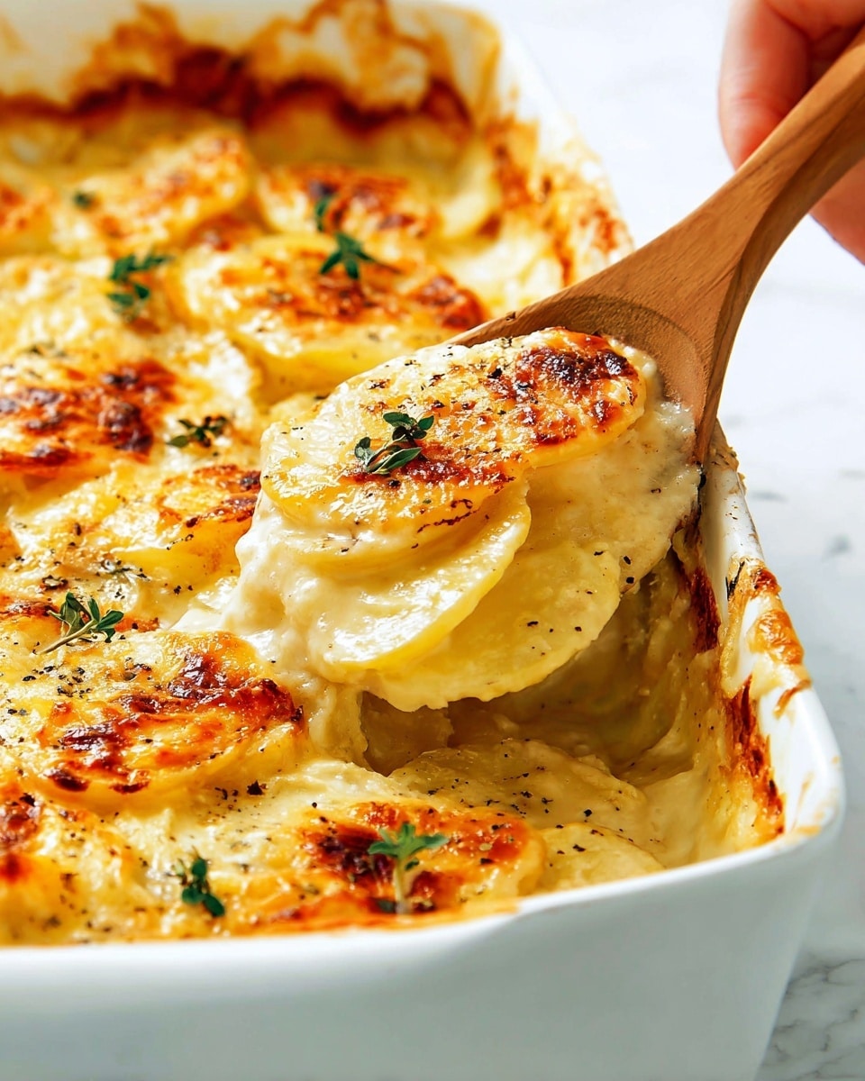 A white rectangular dish filled with a creamy potato gratin made of several layers of thin potato slices covered in melted golden and slightly browned cheese with specks of black pepper and small green herb leaves scattered on top. The potato slices are soft and creamy in texture with a few crisp edges, layered closely together, and the cheese topping has bubbly browned spots. A woman's hand holding a wooden spoon is scooping a portion from the bottom left corner, showing the smooth, thick cheese sauce beneath the potato layers and the white marbled textured surface beneath the dish. photo taken with an iphone --ar 4:5 --v 7