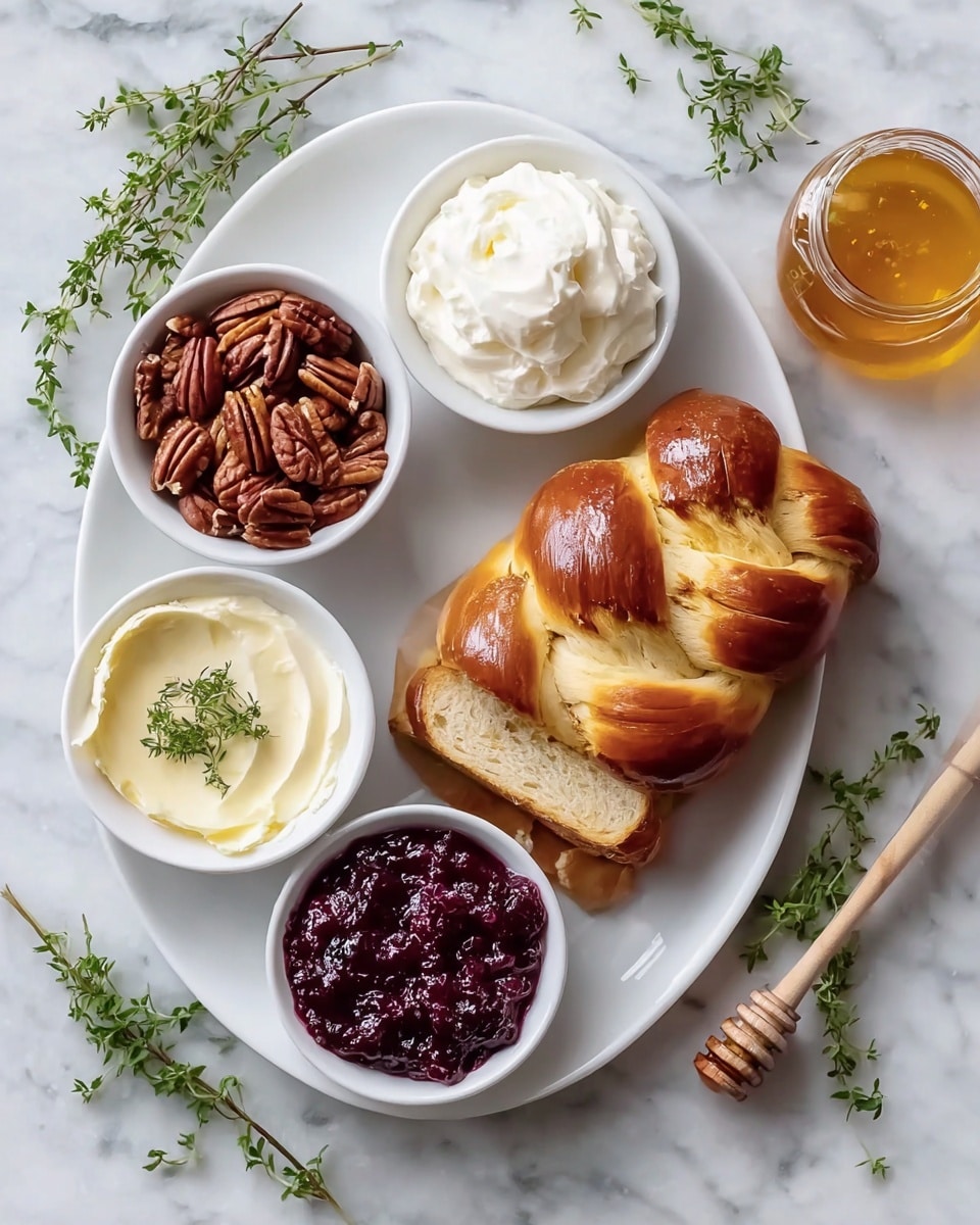 A white plate on a white marbled surface holds a neatly sliced golden brown braided bread loaf on the right side. On the left side are four small white bowls arranged in a loose square: the top left bowl is filled with whole pecans, the top right bowl contains whipped cream with a fluffy texture, the bottom left bowl holds smooth cream cheese garnished with a small green herb sprig, and the bottom right bowl has dark red chunky berry jam. Near the pecans is a small glass jar with golden honey and a honey dipper resting inside it. Fresh green herb sprigs are placed around the plate adding a fresh touch. Photo taken with an iphone --ar 4:5 --v 7