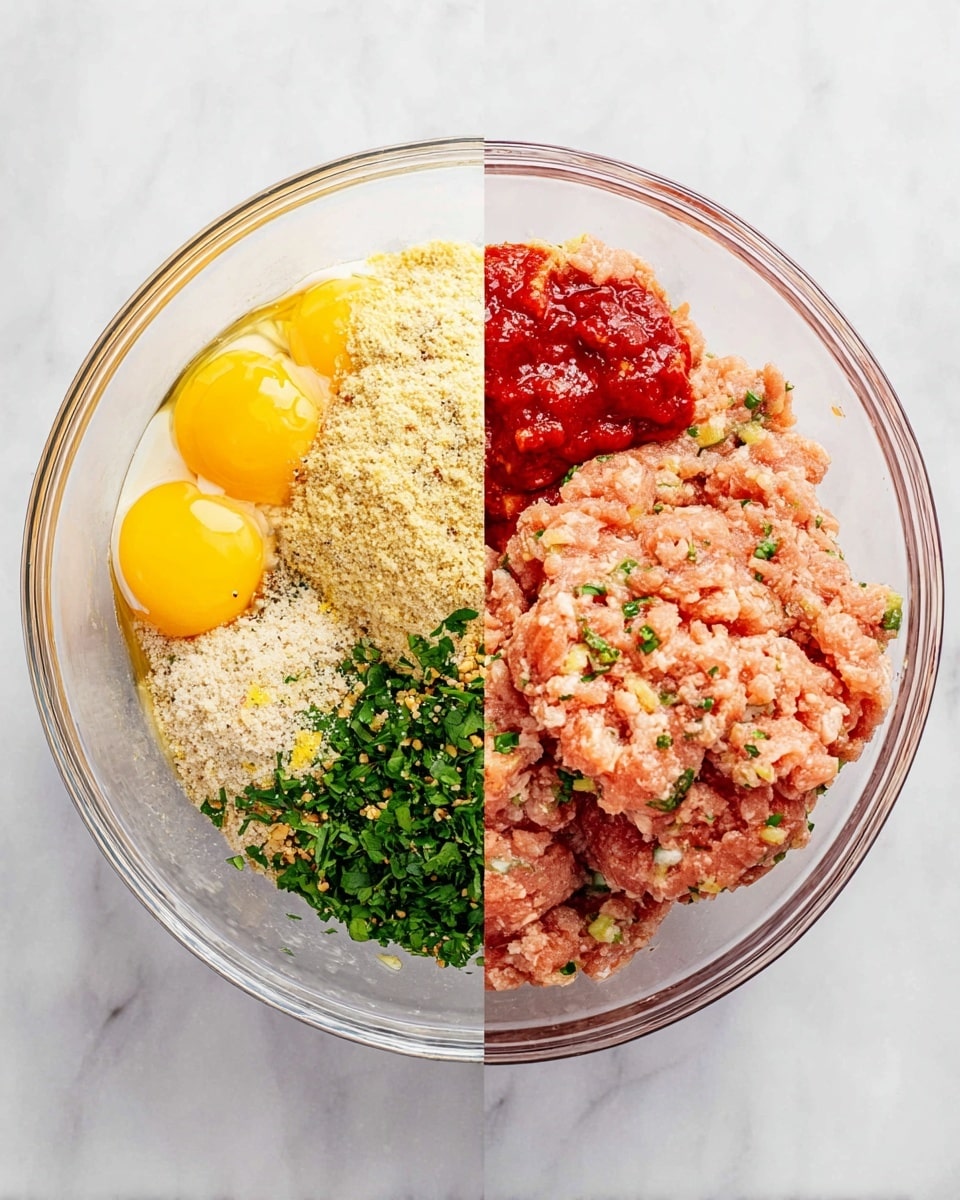 A clear glass bowl shows two stages of a meat mixture against a white marbled texture. On the left, separate layers inside the bowl include three yellow egg yolks with whites, pale chopped onions, beige breadcrumbs, bright green chopped herbs, salt and pepper in white and black specks, pink ground meat, and vivid red ketchup, all distinctly piled together. On the right, the ingredients are fully mixed into a soft, uneven textured pinkish mixture with small bits of green herbs visible throughout. Both bowls sit on the same white marbled surface. photo taken with an iphone --ar 4:5 --v 7