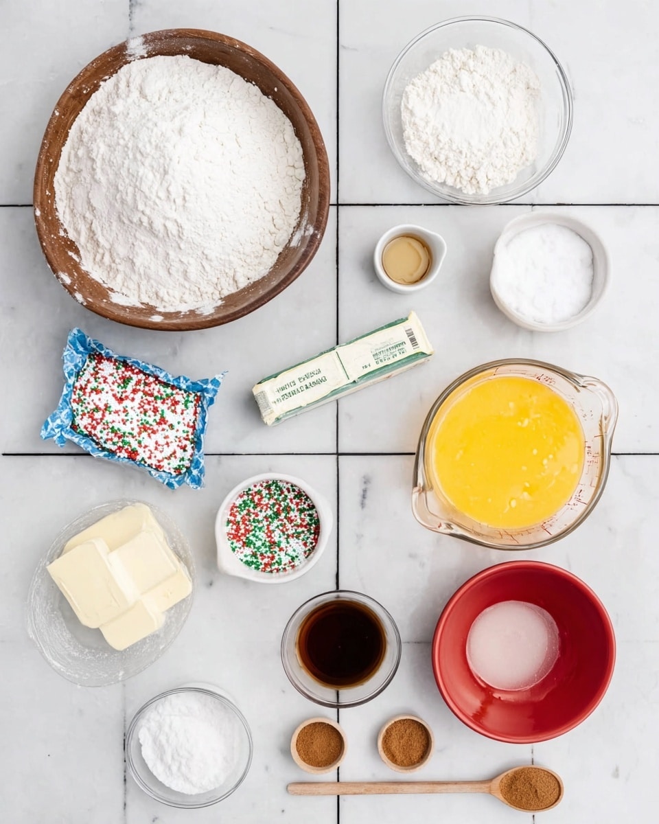 The image shows a top view of several baking ingredients arranged on a white marbled surface with black grid lines. There is a large wooden bowl filled with white powdered sugar or flour, a clear glass bowl with white flour, and a clear measuring cup with a bright yellow beaten egg mixture. Near them are a stick of butter in blue and white paper, a small white bowl of red, green, and white sprinkles, and a small glass bowl with a dark brown liquid, likely vanilla. There are three small white containers holding a light brown powder (possibly cinnamon), a white powder, and salt. A wooden spoon and a white measuring spoon lay nearby, and a red bowl holds a white creamy substance. The items are neatly spread out with clear space between each. Photo taken with an iphone --ar 4:5 --v 7