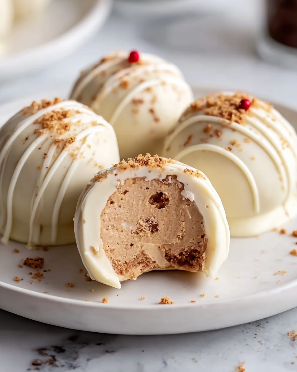 The image shows four round truffles on a white plate, each covered with smooth white chocolate outer layer. One truffle is in the front with a bite that reveals a thick, creamy milk chocolate filling inside, which has a slightly cracked texture. The white chocolate coating has thin white chocolate drizzle lines on top and small brown crumbs sprinkled unevenly. One truffle also has a small red dot decoration. The plate is set on a white marbled surface. photo taken with an iphone --ar 4:5 --v 7
