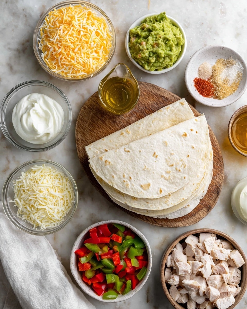 The image shows a white marbled surface with a wooden board in the center holding a stack of soft, white tortillas folded in half. Around the board are small white bowls filled with shredded yellow and white cheese, light brown powder, fresh diced raw chicken pieces, and colorful diced green and red bell peppers. On the left side, there are small clear bowls containing chopped white onions, green guacamole, creamy white sour cream, and a small glass cup of golden olive oil. A white cloth napkin is partially visible at the bottom left corner. photo taken with an iphone --ar 4:5 --v 7