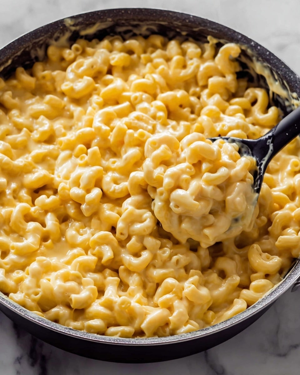 A close-up view of a pan filled with creamy macaroni and cheese. The pasta shapes are small elbow macaroni, all covered in a smooth, thick yellow cheese sauce that looks rich and shiny. The cheese sauce evenly coats each piece, showing a soft and creamy texture. A black spoon is scooping the macaroni from the pan, lifting some pasta while the rest stays piled and spread out in the pan. The pan sits on a white marbled surface. Photo taken with an iphone --ar 4:5 --v 7