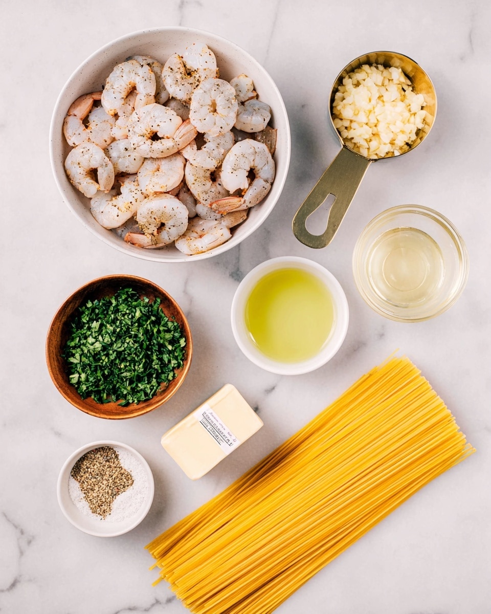A white bowl filled with many small raw shrimp seasoned with black pepper sits at the top left. To the right in a small wooden bowl is crushed garlic, below it is a golden metal measuring cup filled with chopped green parsley. Below the shrimp bowl is a white cup holding light green olive oil. Next to it on the right is a small clear glass bowl with light yellow lemon juice. Below everything on the left is a small white bowl with mixed seasoning. On the bottom right, a stick of pale yellow butter wrapped in white paper with black text lies beside a neat bunch of dry yellow spaghetti noodles. All items are arranged on a white marbled surface. Photo taken with an iphone --ar 4:5 --v 7