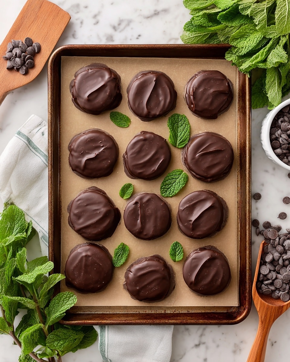 A rectangular baking tray lined with parchment paper holds twelve round chocolate-covered treats arranged in a 3x4 grid. Each treat has a smooth, dark brown chocolate coating with slight swirls and small ridges on the surface. Fresh green mint leaves are scattered between the chocolate pieces on the parchment paper. Around the tray, there are bunches of fresh mint leaves, a white bowl filled with dark chocolate chips with some spilled on the white marbled surface, and a wooden measuring spoon with chocolate chips inside. A wooden spatula rests on the surface near the top left corner. photo taken with an iphone --ar 4:5 --v 7