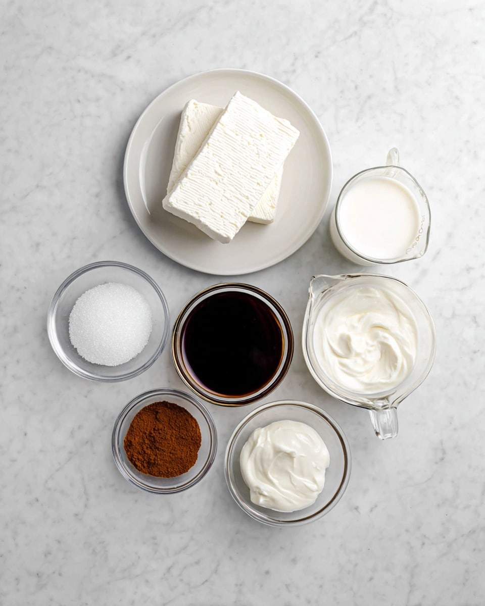 The image shows seven ingredients on a white marbled surface arranged in a loose circle. In the center, there is a small glass bowl filled with dark, thick liquid. Above it slightly to the left, two rectangular blocks of white cream cheese are stacked on a round white plate. To the right of the cream cheese, a small glass bowl holds white yogurt with a smooth surface. Next to the yogurt is a glass measuring cup filled with white heavy cream. Below the dark liquid bowl is a small glass bowl filled with brown ground cinnamon powder. To the left of the cinnamon, another small glass bowl contains white granulated sugar. At the bottom center of the circle is a very small glass bowl with dark brown vanilla extract. Photo taken with an iphone --ar 4:5 --v 7