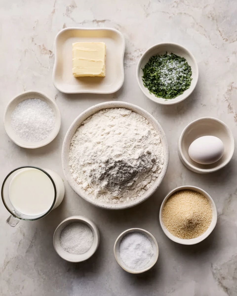 A top-down view of baking ingredients arranged neatly on a white marbled surface. In the center is a white bowl full of white flour, surrounded by smaller white bowls and dishes holding various items: a white dish with a small pile of light yellow butter, a white cup with chopped green herbs, a white dish with white granulated sugar, a white dish with salt, a white bowl holding a single white egg, a glass of white milk, and a small dish with beige yeast granules. The colors are soft and natural, and everything is placed in a balanced, organized way. photo taken with an iphone --ar 4:5 --v 7