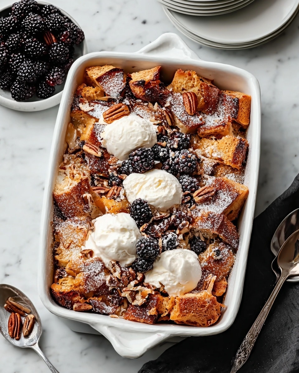 A white rectangular baking dish filled with a layered bread pudding made of roughly torn golden brown bread pieces, topped with light dustings of powdered sugar and scattered pecan halves. On top of the bread layer, there are three dollops of white whipped cream, each garnished with clusters of shiny black blackberries. The dish sits on a white marbled surface next to a white plate holding extra blackberries, with a silver spoon resting on a dark cloth nearby. Photo taken with an iphone --ar 4:5 --v 7