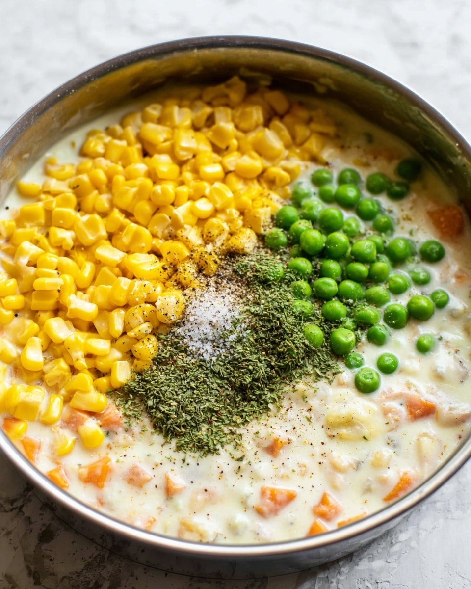 The image shows a metal pan filled with a creamy white sauce that has small pieces of orange carrots visible within it. On top of the sauce, there are three distinct layers: bright yellow corn kernels on the bottom left, bright green peas in the top center, and a sprinkle of mixed herbs and spices including salt and black pepper directly in the middle. The background surface is a white marbled texture. Photo taken with an iphone --ar 4:5 --v 7