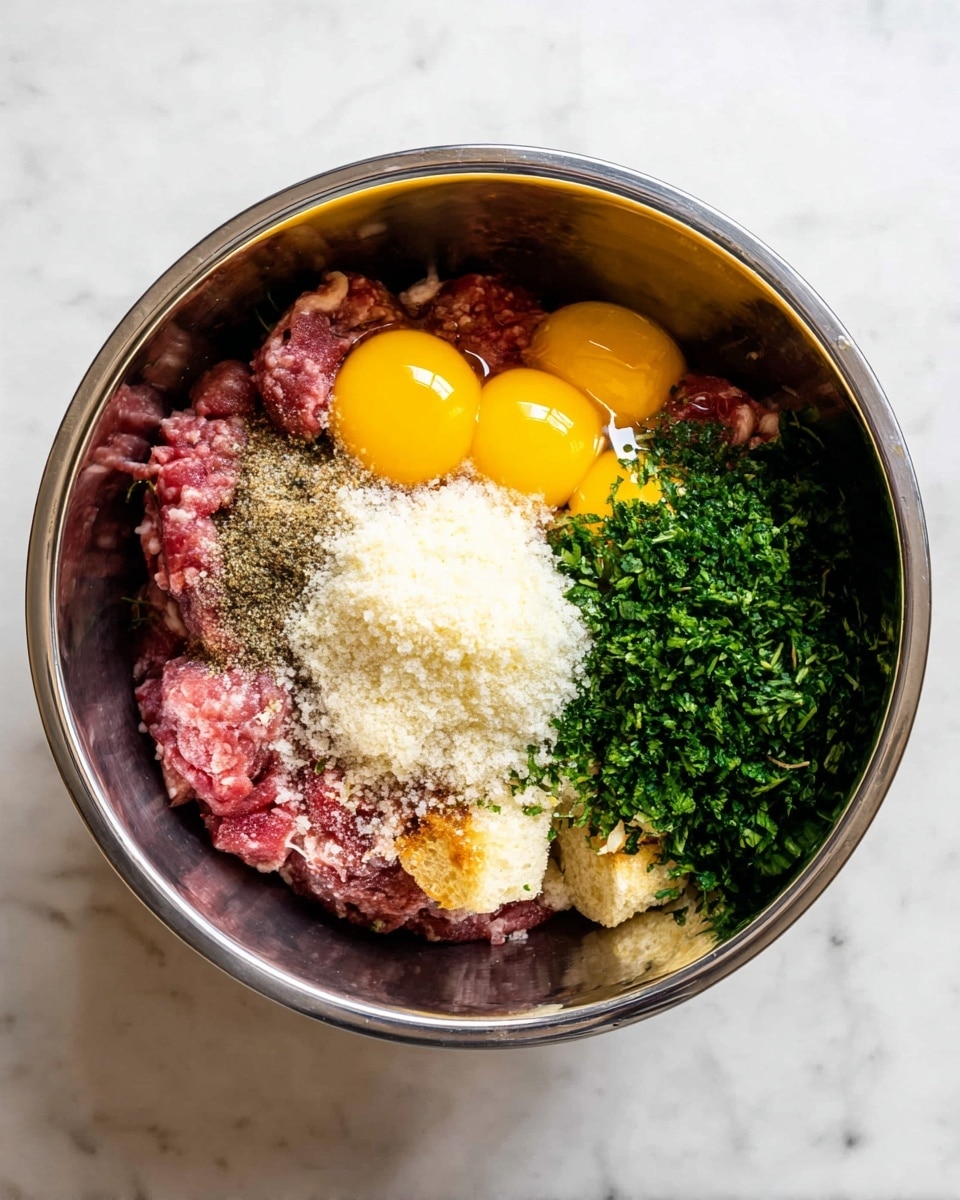 A metal bowl sits on a white marbled surface, filled with fresh ingredients layered visually from top to bottom. On one side, there are three bright yellow egg yolks resting next to a mound of white grated cheese in the center. Underneath, visible chunks of raw pink ground meat fill the bowl. On the lower right, a vibrant bunch of finely chopped green herbs adds a splash of color. Scattered on top of the meat are light brown and dark specks of seasoning, with small pieces of white bread partially hidden beneath the meat and cheese. The layers create a rich mix of textures and colors, all held inside the shiny metal bowl. photo taken with an iphone --ar 4:5 --v 7