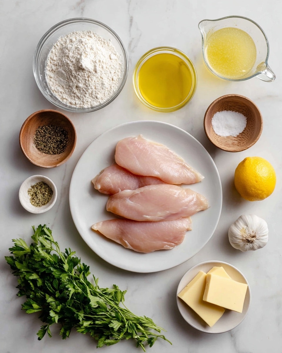 The image shows a white plate in the center with five thin, light pink raw chicken slices neatly arranged overlapping each other. Surrounding the plate are small glass and wooden bowls placed on a white marbled surface: a glass bowl with white flour at the top left, a glass bowl with yellow olive oil at the left side, a small wooden bowl with black pepper below the oil, and a bunch of fresh green parsley below that. On the right side of the chicken plate, there is a small clear measuring cup with pale yellow lemon juice at the top, a wooden bowl containing white salt next to two garlic cloves below it, and two whole bright yellow lemons below the garlic. At the bottom near the lemons, a small white dish holds two light yellow butter squares. The overall arrangement is clean and organized, with soft natural lighting highlighting the colors and textures of each ingredient. photo taken with an iphone --ar 4:5 --v 7
