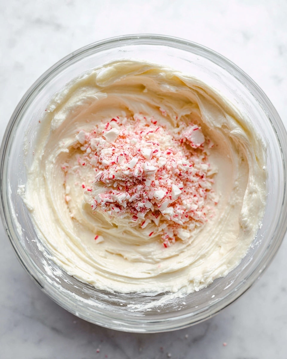 A clear glass bowl shows a creamy white frosting with soft, smooth, and swirled texture covering most of its inside. On top of the frosting, near the center, is a pile of crushed peppermint candy pieces with white and pinkish-red bits, adding a rough, crumbly texture that contrasts with the smooth frosting. The bowl is placed on a white marbled surface. Photo taken with an iphone --ar 4:5 --v 7