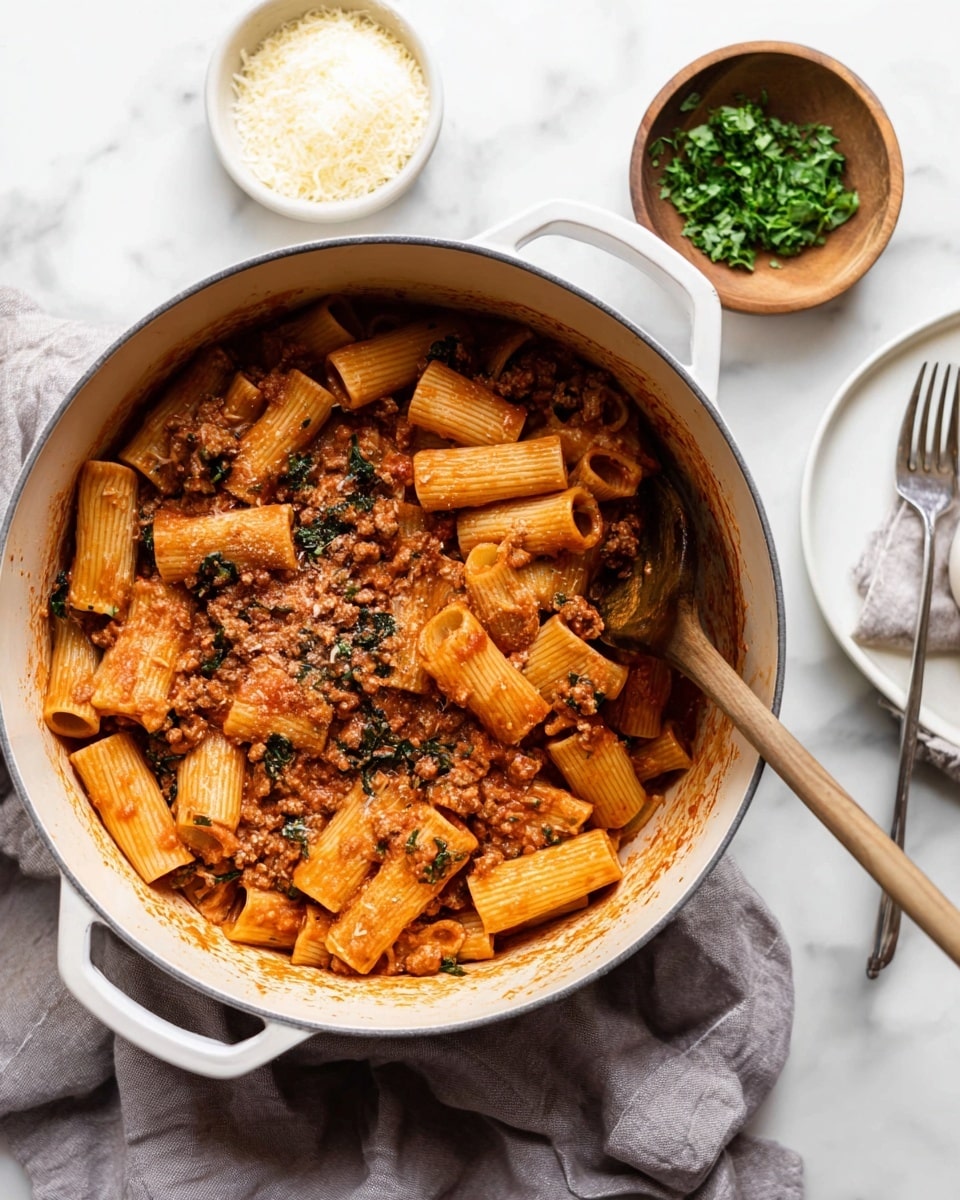 A white pot filled with rigatoni pasta mixed with a thick light red sauce containing small chunks of cooked ground meat and bits of dark green leafy herbs. A wooden spoon is partially immersed in the pasta on the right side of the pot, coated with the sauce. The pot rests on a soft grey cloth on a white marbled surface. Next to the pot, there is a white bowl with grated cheese and a small wooden bowl holding fresh chopped green leaves. A white empty plate and a fork lie on the right side. Photo taken with an iphone --ar 4:5 --v 7