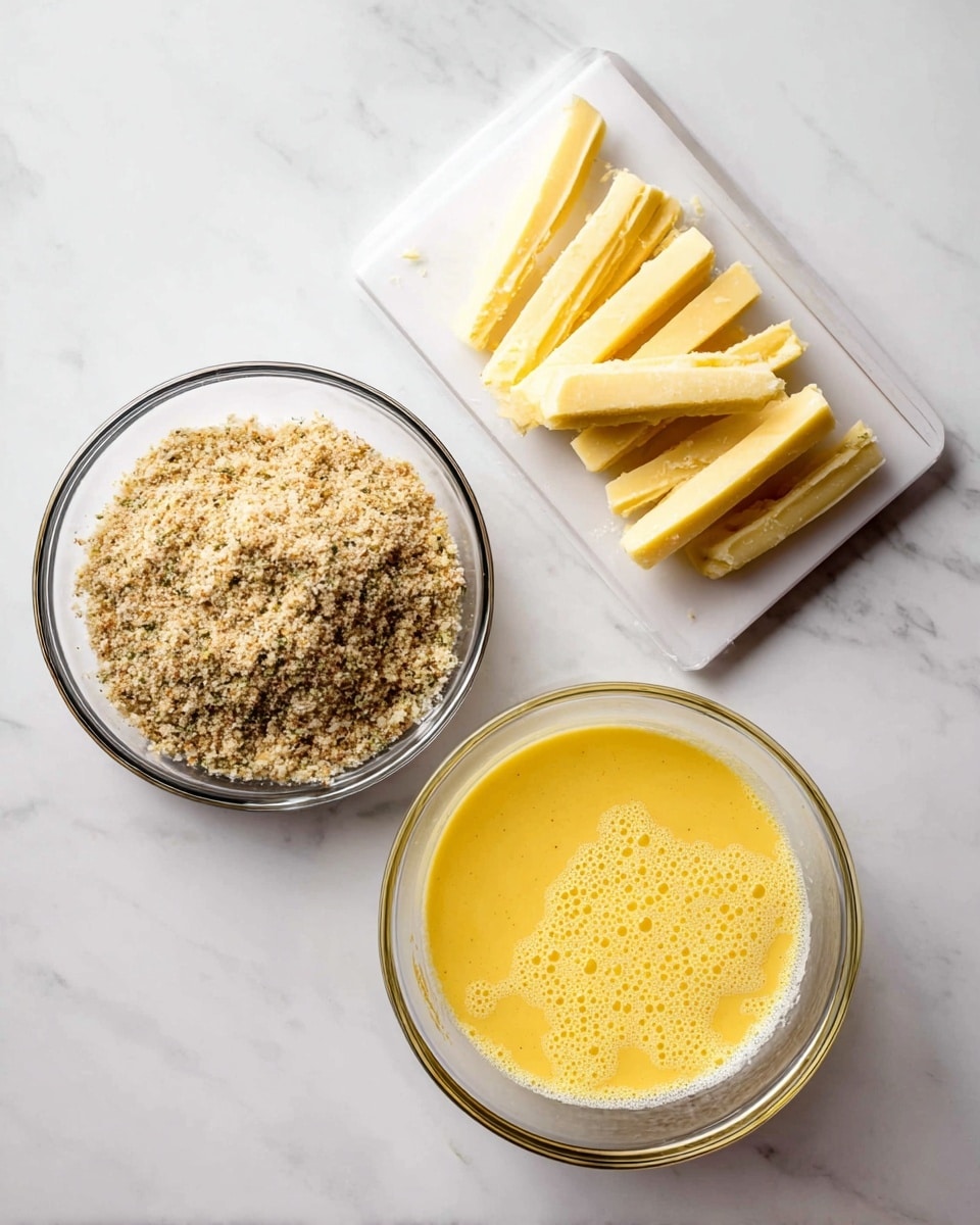 The image shows three separate layers of ingredients on a white marbled surface: on the top right, there are pale yellow cheese sticks arranged in a pile on a clear cutting board; on the bottom right, a clear glass bowl filled with a smooth, yellow beaten egg mixture with bubbles on the surface; and on the left, another clear glass bowl containing a layer of finely ground light brown breadcrumbs with specks of green herbs mixed in. photo taken with an iphone --ar 4:5 --v 7