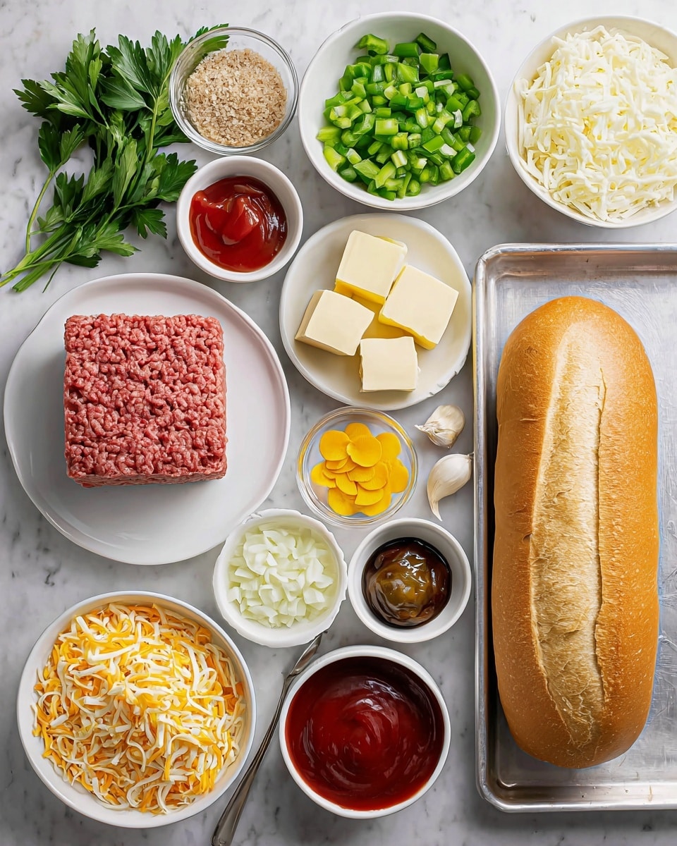 A flat lay of cooking ingredients arranged neatly on a white marbled surface, including a metal tray on the right holding a long loaf of golden brown bread with a split down the center; below it a white plate with a square block of raw ground meat, to its left a white bowl filled with a mix of shredded yellow and white cheese; above the bowl, a white dish of chopped green bell peppers; beside it a small bowl of light brown breadcrumbs; near the top left corner, a bunch of fresh green parsley; next to it a white bowl of several cubes of pale yellow butter; above that, a small white bowl containing a small dollop of red paste; to the right a tiny bowl of finely chopped garlic; beside it, a small dish of yellow mustard arranged in a flower shape; near the center right, a small white bowl with a dark sauce; next to it an open can revealing dark red tomato sauce with a spoon resting on the edge; under that a white bowl with a glossy red ketchup; next to it, a small bowl of peeled garlic cloves; and at the bottom left, a white bowl filled with finely chopped white onions. Photo taken with an iphone --ar 4:5 --v 7
