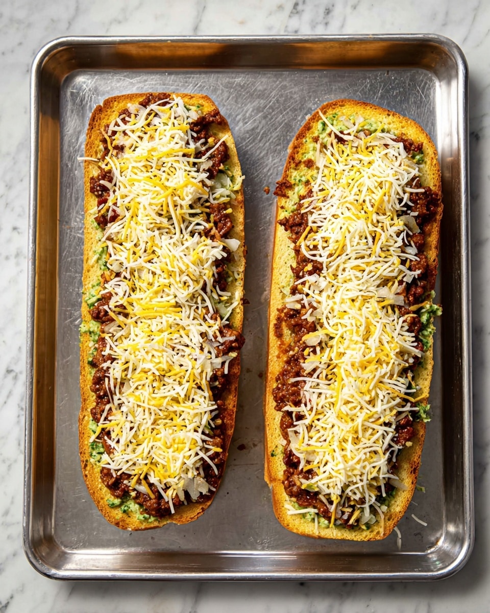 Two long halves of toasted bread lie side by side on a silver baking tray placed on a white marbled surface. Each half has three layers: the bottom is golden toasted bread with a green herb spread, the middle layer is a chunky dark brown meat sauce with visible bits of ground meat and onions, and the top layer is a generous sprinkle of shredded white and yellow cheese. The cheese looks fresh and unevenly spread to cover the meat layer. Photo taken with an iphone --ar 4:5 --v 7