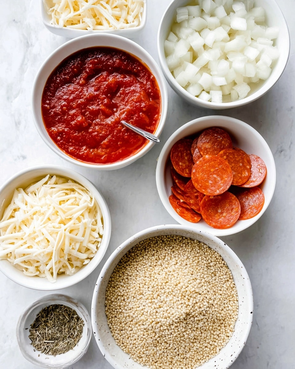 The image shows six small white bowls arranged on a white marbled surface, each holding different ingredients. One bowl contains bright red tomato sauce with a spoon inside, another has chopped white onions with a slightly speckled pattern on the bowl’s edge, a third holds thin, round slices of pepperoni stacked neatly. There is a bowl with shredded yellowish cheese, another with a pile of grated white cheese, and a smaller bowl containing minced garlic and dried herbs next to a bowl filled with light tan quinoa. Photo taken with an iphone --ar 4:5 --v 7