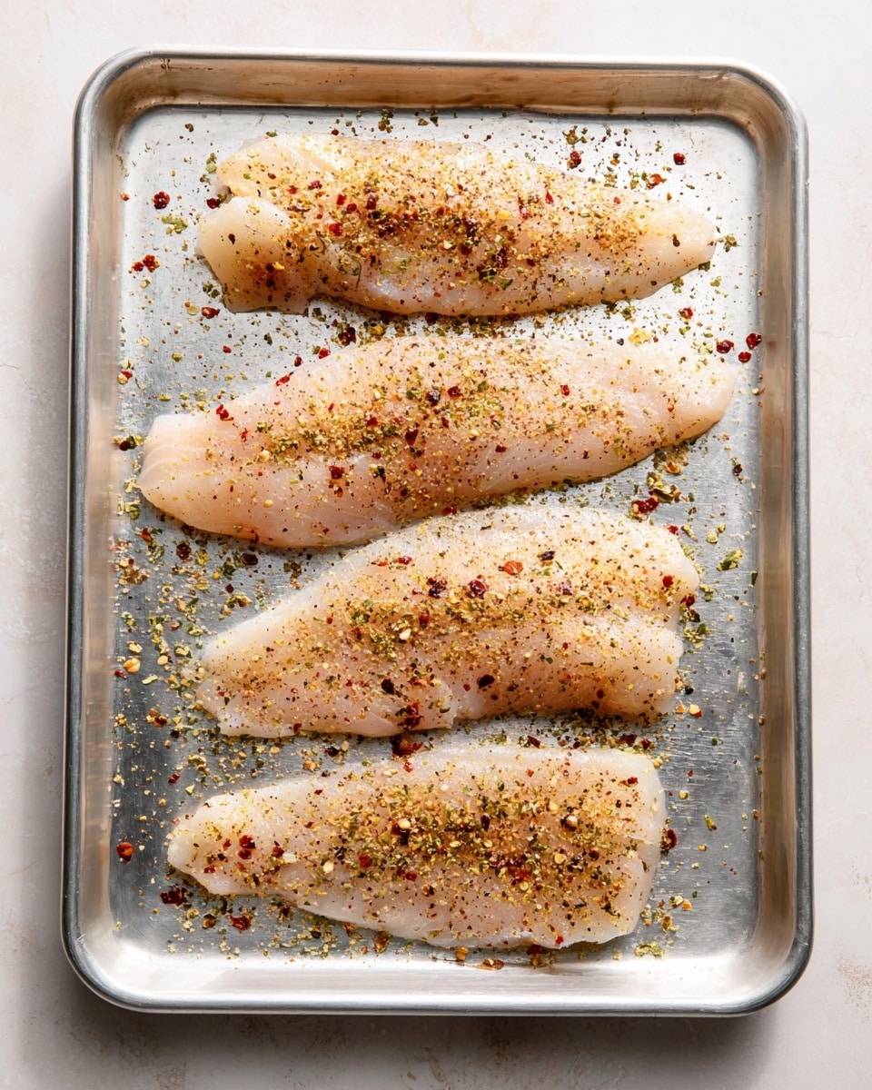 The image shows four raw fish fillets placed side by side on a silver metal baking tray. Each fillet is lightly sprinkled with a mix of spices, including red pepper flakes, black pepper, and dried herbs, creating a speckled texture over the pale, slightly shiny surface of the fish. The tray is set against a white marbled textured background, enhancing the simple and clean look of the preparation. The spices are unevenly spread, with some even scattered on the tray around the fillets, giving a casual, ready-to-cook feeling. Photo taken with an iphone --ar 4:5 --v 7