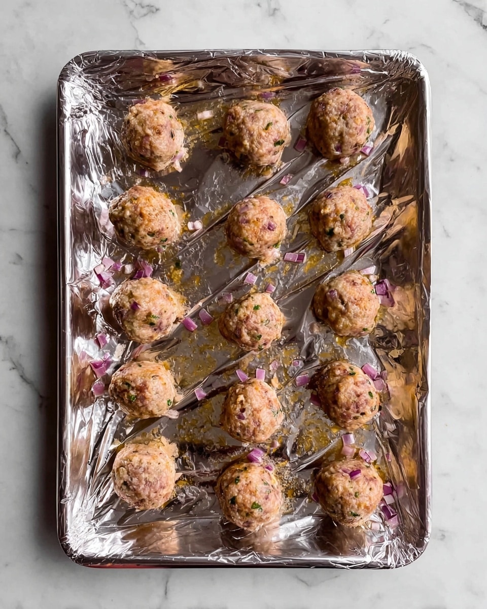 A tray lined with shiny silver foil holds sixteen round meatballs evenly spaced in four rows. The meatballs are light brown with small purple pieces of onion and bits of white and green herbs visible throughout the texture. They sit on a flat shiny surface, which is the foil covering a tray. The background beneath the tray has a white marbled texture. Photo taken with an iphone --ar 4:5 --v 7