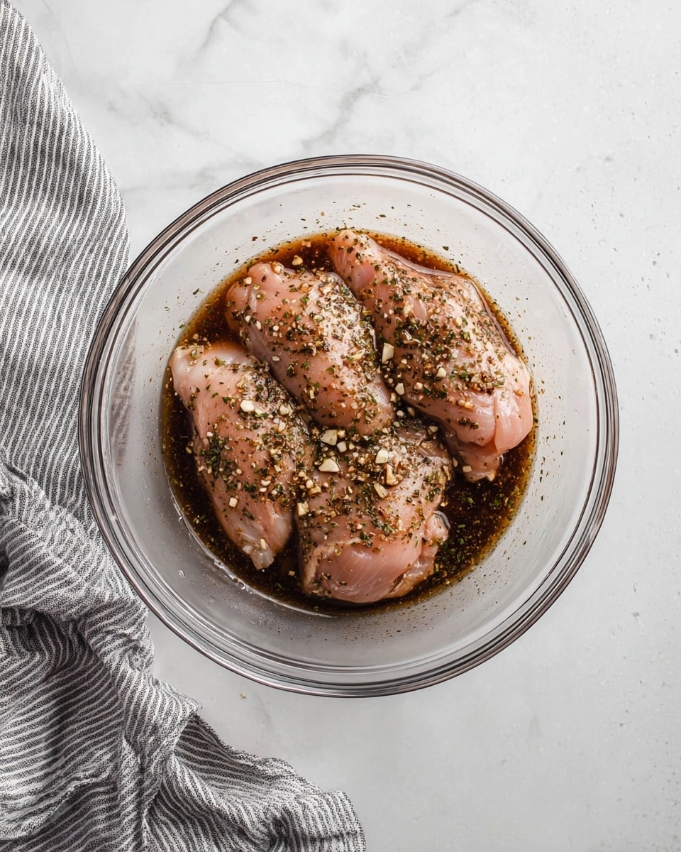 The image shows a clear glass bowl placed on a white marbled surface, containing three raw chicken pieces submerged in a dark brown marinade. The marinade has visible herbs and small chunks of garlic spread unevenly over the chicken. The chicken pieces are light pink, smooth, and glossy from the marinade, with the herbs giving a speckled texture on top. To the left side of the bowl, a gray and white striped cloth is casually folded. The setting looks clean and fresh. photo taken with an iphone --ar 4:5 --v 7