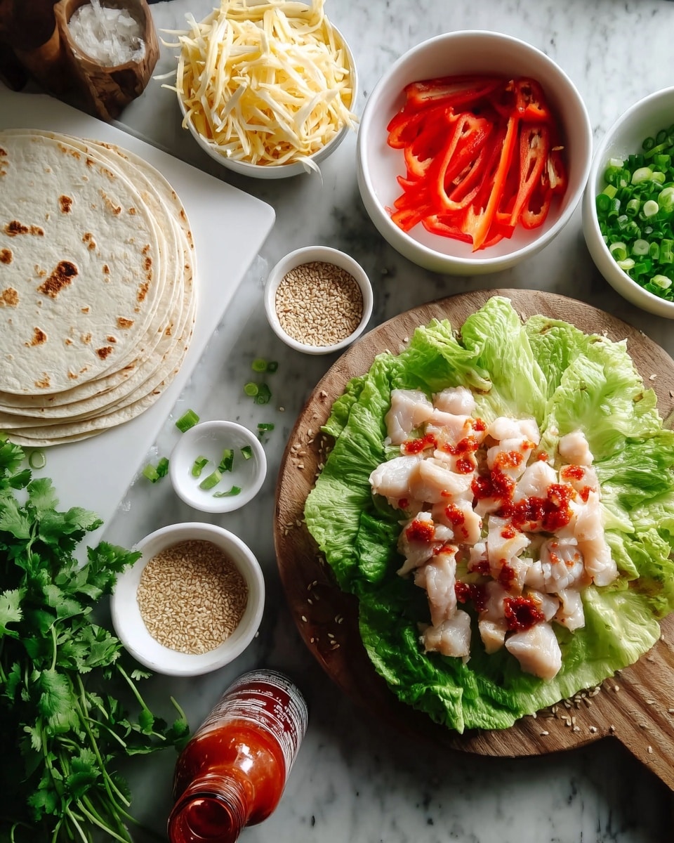 The image shows a layered chicken wrap setup on a white marbled surface. At the center, there is a small stack of soft white tortillas on a wooden board, with the top tortilla slightly browned in spots. On top of the tortillas is a layer of fresh green leaf lettuce, holding a portion of pale, uncooked chicken pieces dotted with red chili sauce. Around the board are small white bowls containing sliced red bell peppers, shredded pale yellow cheese, sliced green onions, and a small bowl with sesame seeds. A bunch of fresh green cilantro is placed on the wooden board near the bowls, and a bottle of red chili sauce is beside the chicken on a white cutting board. The overall scene is neat with fresh ingredients ready for assembly. Photo taken with an iphone --ar 4:5 --v 7