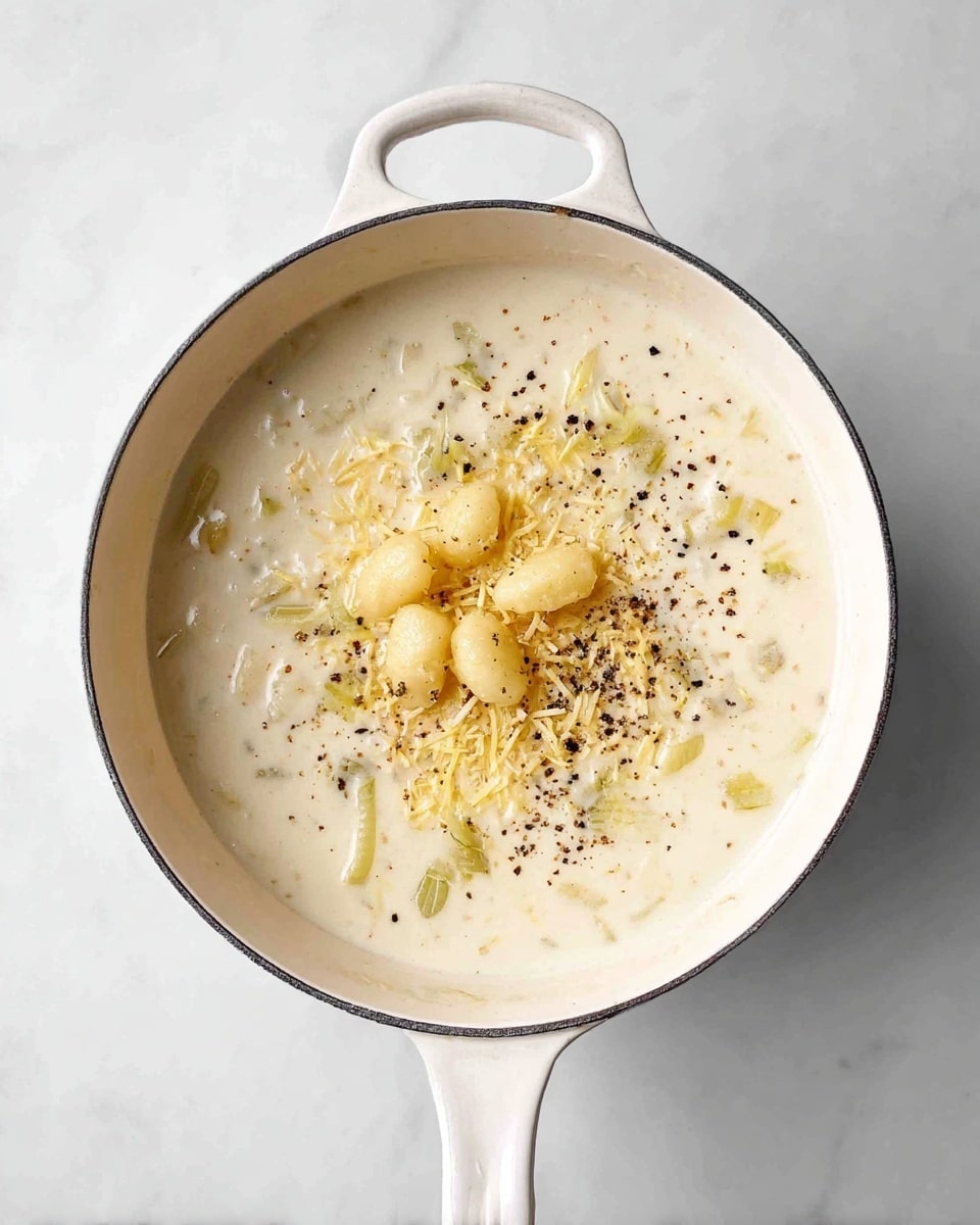 A white pot with a handle is filled with a creamy white soup that has small chunks of translucent vegetables inside. On top of the soup, there is a small cluster of pale yellow gnocchi-like pieces scattered centrally. Over these pieces, there is a sprinkle of black pepper and some grated light yellow cheese. The pot is placed on a white marbled surface. Photo taken with an iphone --ar 4:5 --v 7