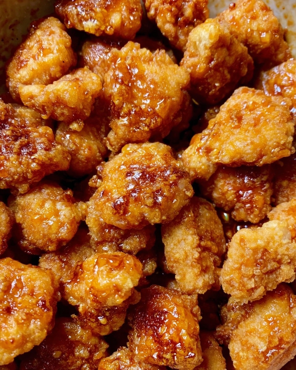 The image shows a close-up view of many small, golden-brown fried chicken pieces piled together. Each piece has a rough, crispy texture with a slightly shiny surface, indicating a light coating of sauce. The chicken pieces are uneven in shape, with a mix of round and elongated forms. The image captures the details of the crunchy breading and the juicy inside peeking through some pieces. The background has a white marbled texture. photo taken with an iphone --ar 4:5 --v 7