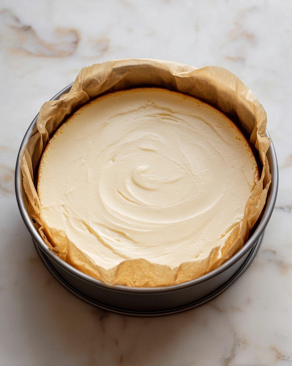 A plain cheesecake with one thick cream-colored layer having a smooth texture and slightly browned edges, sitting inside a round pan lined with parchment paper that ruffles up around the sides. The cheesecake has a slight swirl pattern on the top surface. The pan is placed on a white marbled surface. photo taken with an iphone --ar 4:5 --v 7
