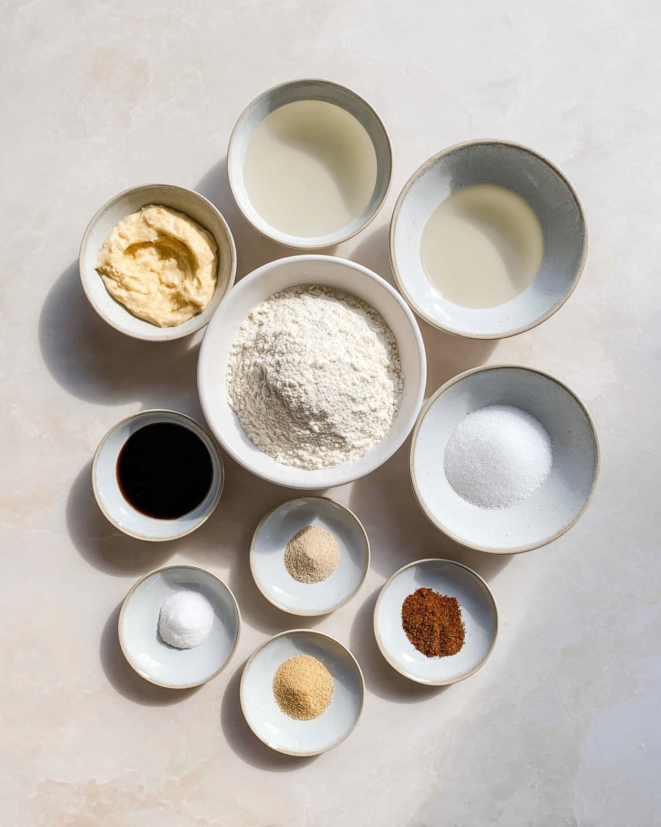 The image shows nine small white bowls and plates arranged on a white marbled surface, each holding a different ingredient. In the center is a larger white bowl filled with a heap of white flour. Above it are two white bowls containing clear liquids with a slight tint. To the left is a white bowl with a thick, light yellow paste and below it a smaller white bowl with a dark, thick liquid. To the right of the flour bowl is a white bowl holding white granulated sugar. In front are four tiny white plates arranged in a row, each containing a small amount of different powders: a light beige powder, a fine white salt-like powder, brown spice powder, and a white powder with a small round shape on top. The scene is lit by natural light, with soft shadows. photo taken with an iphone --ar 4:5 --v 7