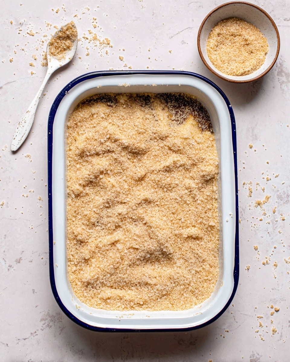 A white rectangular baking dish with a thin dark blue rim is filled with one thick layer of golden brown batter topped with a generous sprinkling of light tan crumbly sugar, creating a rough textured surface that gently mounds in places. The dish sits on a white marbled surface with scattered bits of sugar around it. To the right is a small round bowl filled with the same crumbly sugar, and to the left is a white ceramic spoon partially dusted with sugar. photo taken with an iphone --ar 4:5 --v 7