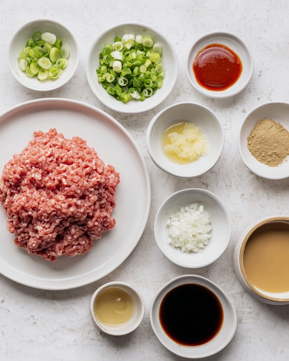 The image shows a white plate in the center with a mound of raw ground meat that is pinkish red in color and has a soft texture. Around it are small white bowls and one light brown bowl arranged on a white marbled surface. The bowls hold different ingredients: chopped green onions with light and dark green parts, a light brown dry powder, a clear light brown liquid, a small mound of finely grated pale yellow ginger, minced garlic in a pale beige color, finely chopped white onions, a bright red sauce, a dark brown thick sauce, a thinner dark brown liquid, and a light beige liquid in the light brown bowl. The bowls are placed neatly in a loose circular pattern around the main white plate. photo taken with an iphone --ar 4:5 --v 7